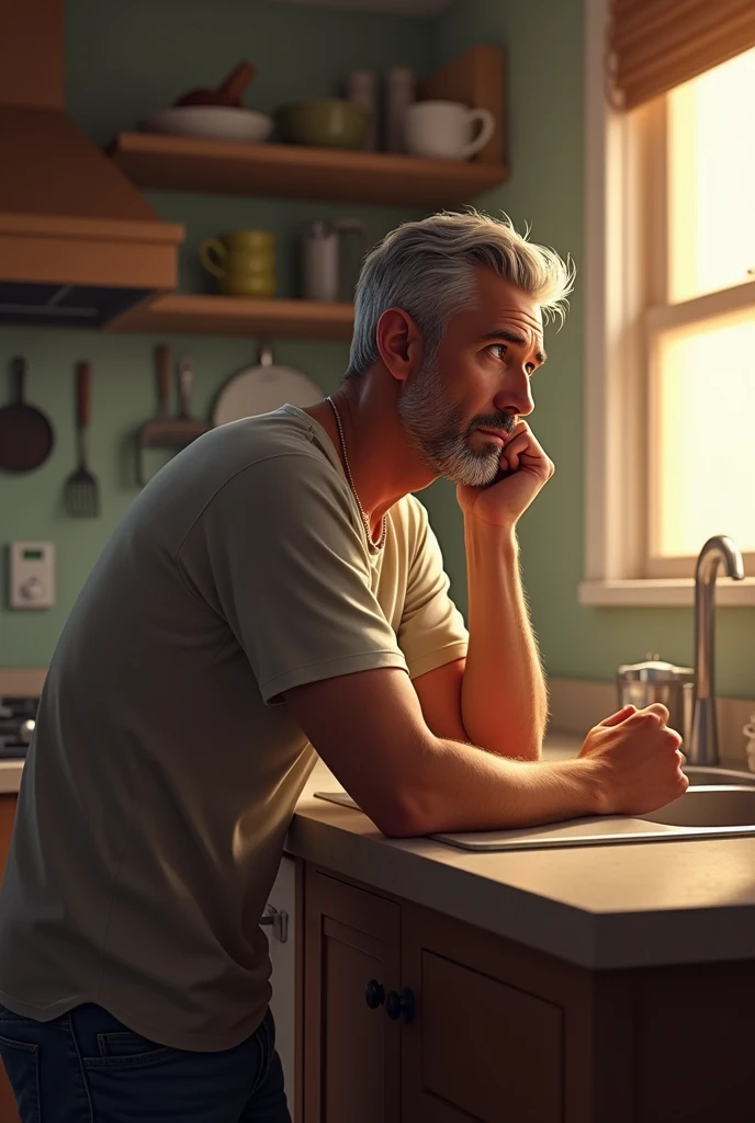 A man leans on his head in the kitchen