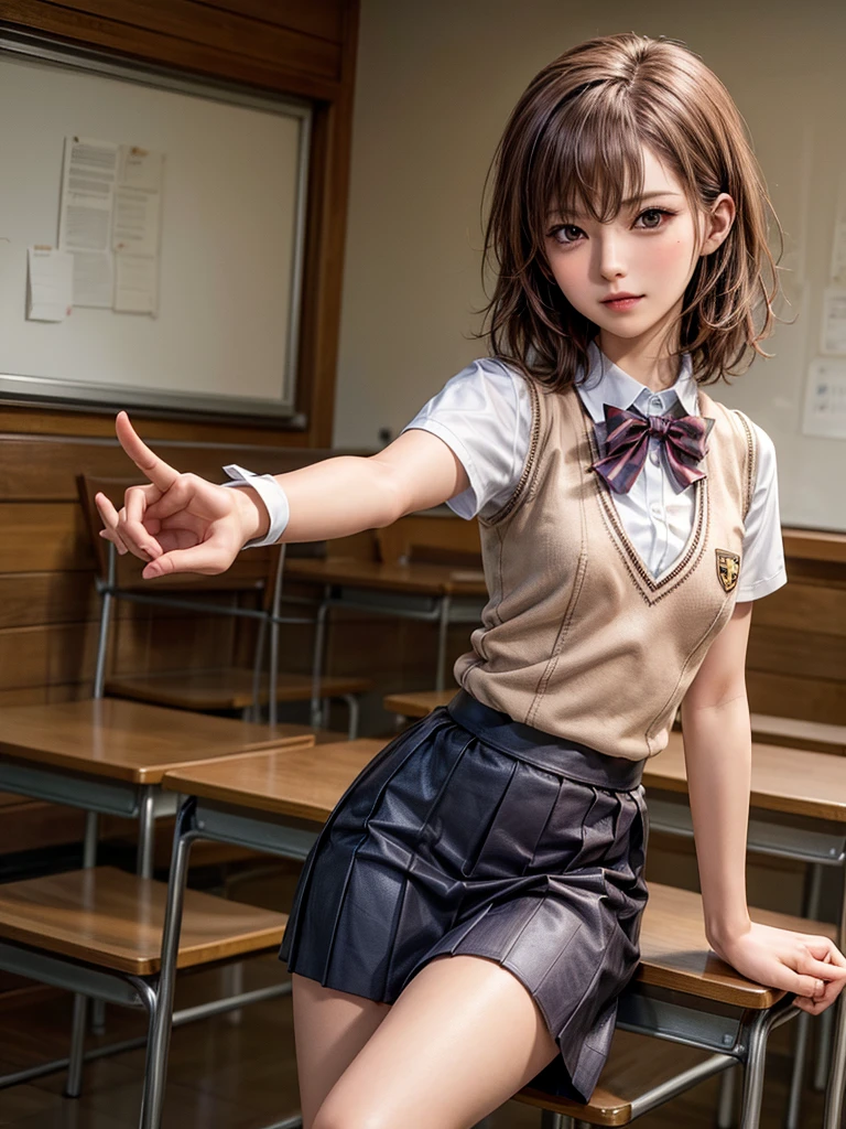 Masterpiece, Top Quality, Top Mikoto, brown eyes, short hair, small breasts, looking at viewer, alone, closed mouth, collared shirt, beige knit vest, dark blue  Skirt, school_uniform, shirt, white_shirt, classroom,Masterpiece, highest quality, 8K, detailed skin texture, fine cloth texture, beautiful detailed face, intricate details, super detailed,cute,cute posing,composition that shows the whole body, brown hair,Pointing a finger like a gun, aiming straight ahead, gun hand sign