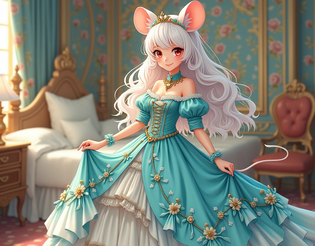 (best quality,4k,8k,highres,masterpiece:1.2), ultra-detailed, Pretty albino girl has a princess, drawn in 2D anime style, steampunk, wearing a iridescent turquoise and white princess gown with puffy sleeves, steampunk, gorgeous frilly dress design,flowing gown, elaborate lace details,rich textures,contrast stitching,delicate ribbon bows, seashells embroidery, full skirt with ocean wave pattern,short sleeves,fitted waistline,flared cuffs,lace-up back,luxurious fabrics,flawless silhouette, long curly white hair and red eyes, white fur, smiling, mouse ears and tail, ribboned high heels, white elbow evening gloves, gold bracelets, tiara made of seashells, beautifully detailed lips with lipstick, long eyelashes, eyeshadow, seashell necklace, in a castle bedroom with intricate decoration and luxurious furniture, flower wallpaper, she is happily checking her new princess dress.