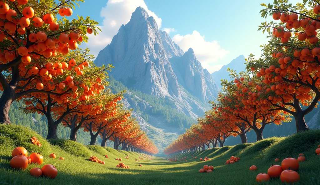 Front view,There is a mountain full of persimmon trees.(best quality,4K,8k,High level,masterpiece:1.2),Ultra Detailed,(lifelike,Photo real,Photo real:1.37)