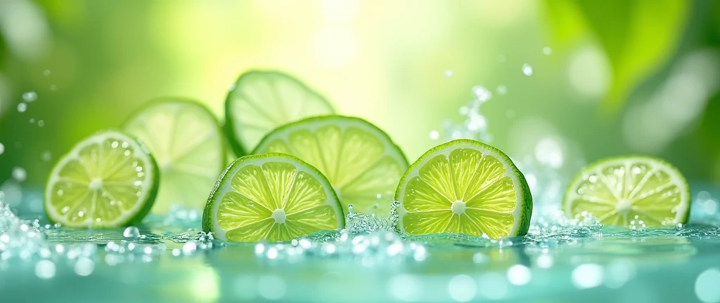 Splash of green lime and sliced cucumber background,
Natural water that includes sliced cucumber and green lime