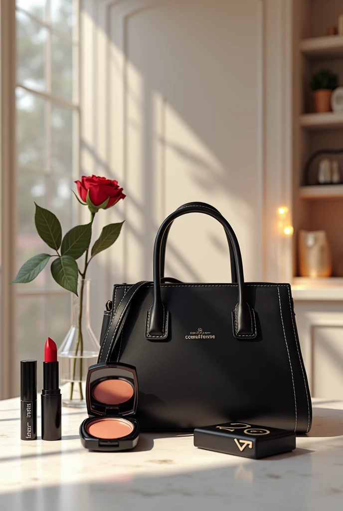 Ladies handbags logo, make-up, black clothes, white, café, rose with the name the house of bags 
