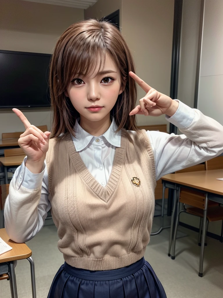 Masterpiece, Top Quality, Top Mikoto, brown eyes, short hair, small breasts, looking at viewer, alone, closed mouth, collared shirt, beige knit vest, dark blue  Skirt, school_uniform, shirt, white_shirt, classroom,Masterpiece, highest quality, 8K, detailed skin texture, fine cloth texture, beautiful detailed face, intricate details, super detailed,cute,cute posing,composition that shows the whole body, brown hair,Pointing a finger like a gun, aiming straight ahead, gun hand sign