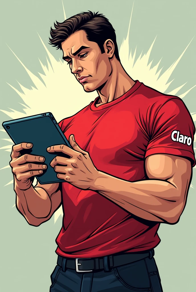 comic drawing art of a telecom technician man with a red t-shirt and black pants with the Claro logo on his arm and writing something down on a tablet with an air of assertiveness