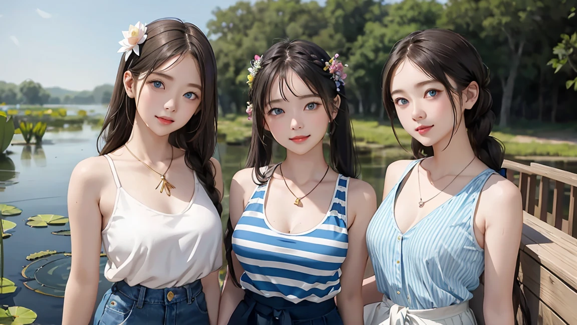 ( 3 girls), smile、Look into the camera、diamond necklace、braided hair, Wear a jeans skirt.,Random color tank top:1.2. Revealing the upper arm、Extra long twin tail feathers、Flower Hair Ornaments、 Masterpiece, Highest quality, 8ก, beautiful girl, young face、 photography, Cute face, thigh,(Sitting in a waterfall),、smile、small waist, blue eyes(((The chest is erect...)))(((round chest)))(((big breasts:1.2)))