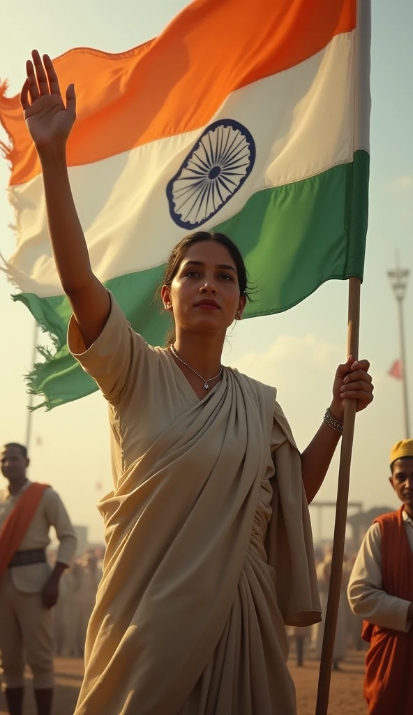 "Bhikaji Cama of age 25 in a visionary moment, holding India’s tricolor flag in one hand and pointing towards the future, representing hope and freedom."  Historical images looks realistic 
