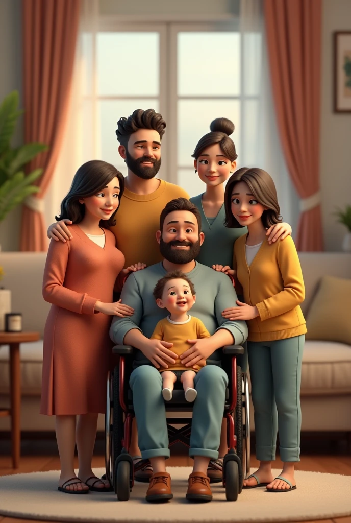 You can create a 3D image of a family consisting of :a 60-year-old woman of 1,50m tall with short brown hair, a 60 year old man in a wheelchair with black hair and no beard, A 35-year-old man with slight overweight, white skin and black hair of 1,75m tall without a beard, A 35-year-old man, 170 cm tall, white skin and black hair, no beard, a 2 woman, thin, white skin, brown hair with blonde streaks, A 3 woman with tan skin and black hair standing next to a girl with tan skin and dark hair ?
There are 3 women in total. , 3 men and a girl