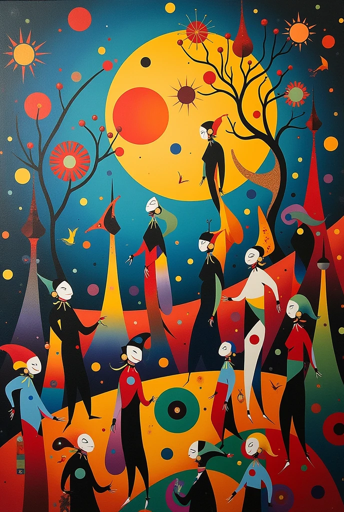 (photorealism:1.2), Juan Miro&#39;s painting: Harlequin&#39;s Carnival 