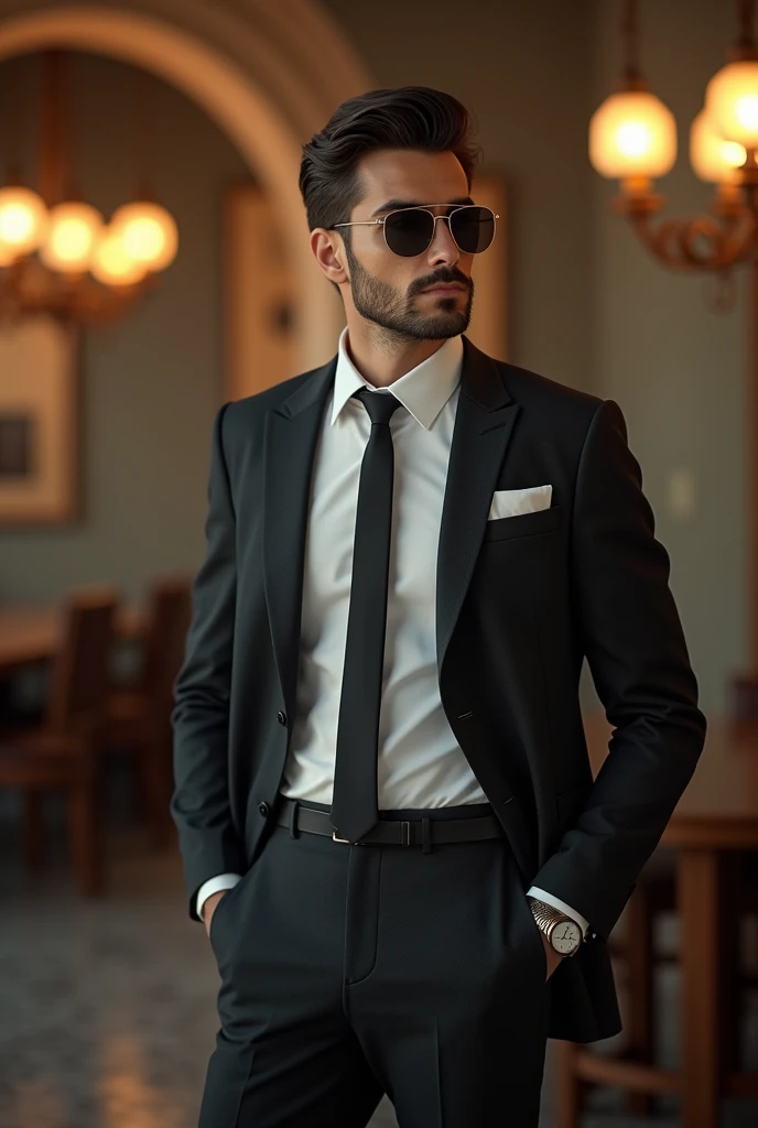 a male model in a vintage style, retro fashion composition, full dressed business style man, front view, side view, 245 degrees view, wearing sunglasses and watch, (best quality,4k,8k,highres,masterpiece:1.2),ultra-detailed,(realistic,photorealistic,photo-realistic:1.37),HDR,UHD,studio lighting,ultra-fine painting,sharp focus,physically-based rendering,extreme detail description,professional,vivid colors,bokeh,portraits,photography