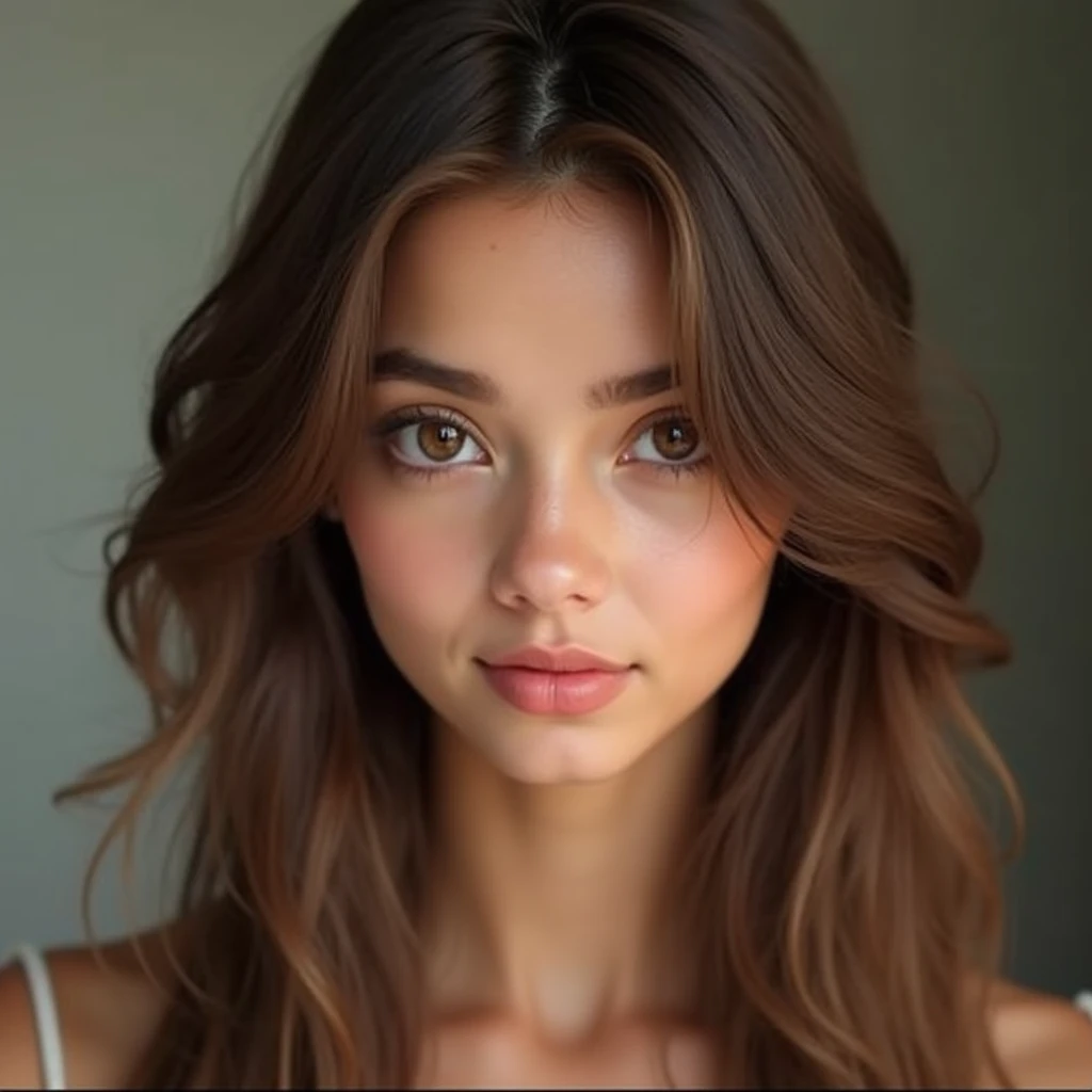 4k image, realistic, Young 2, straight brown hair, brown eyes, delicate face, influencer