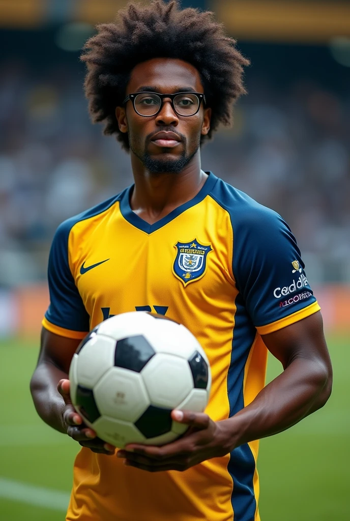 black man wearing glasses curly hair wearing a soccer team jersey and holding a soccer ball