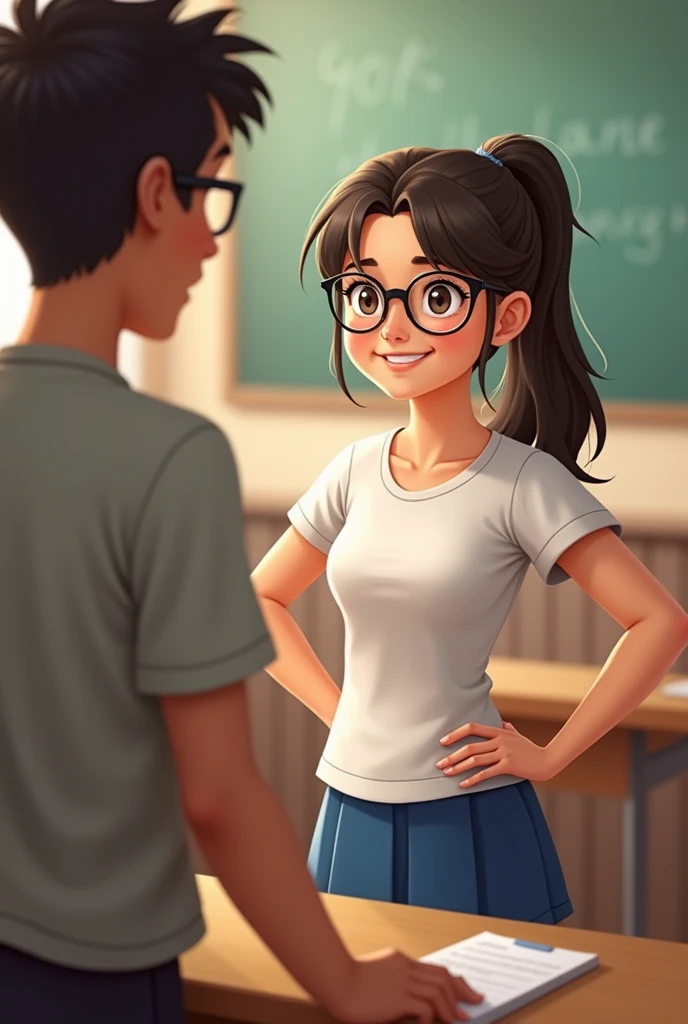 A town young big girl with specs and tied hair in a ponytail wearing white tshirt and blue mini skirt. Her teacher was impressed by her