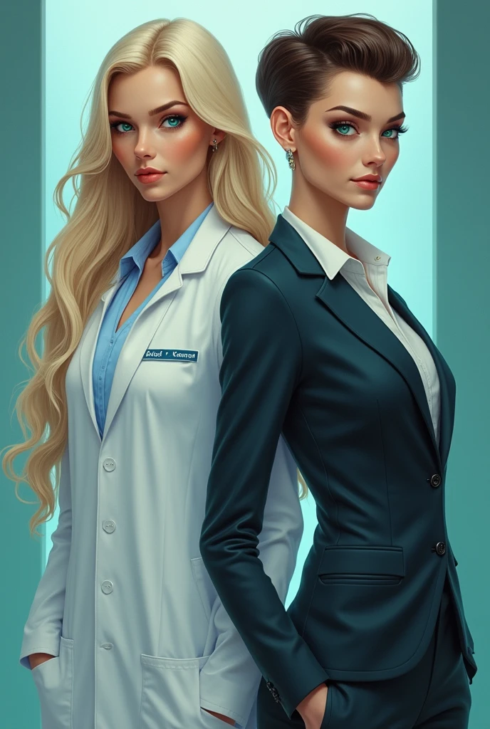A 2 feminine woman with long blonde hair, sea blue eyes, dressed in not-so-feminine clothes, and a 6'2" tall 1 a little bulkier than the older one masculine woman with short boy cut dark brown hair and emerald green eyes in stylish masculine clothes. I want the long haired in hospital doctor uniform and the short haired in a suit