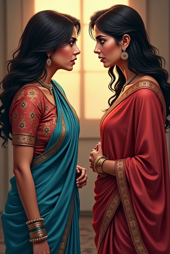 One woman in blue saree blouse and blue petticoat and another woman in red saree blouse and red petticoat stare each other in hatred for same husband