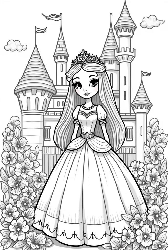Stress-free coloring, page with image of princess with castle scenery, style cartoon, linhas grossas, uncolored, totally white background, only lines.