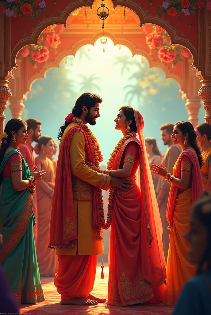 Savitri and Satyavan's Wedding:** A vibrant wedding scene with Savitri and Satyavan dressed in traditional attire, surrounded by their loved ones, exchanging garlands under a beautifully decorated canopy.