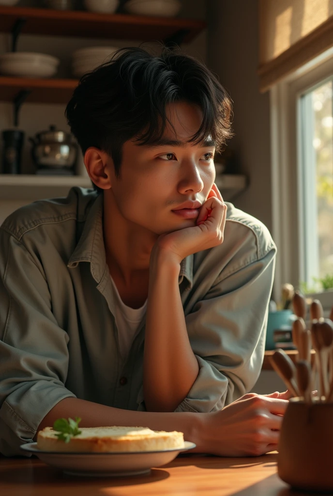A young handsome Asian man leans on his head in the kitchen