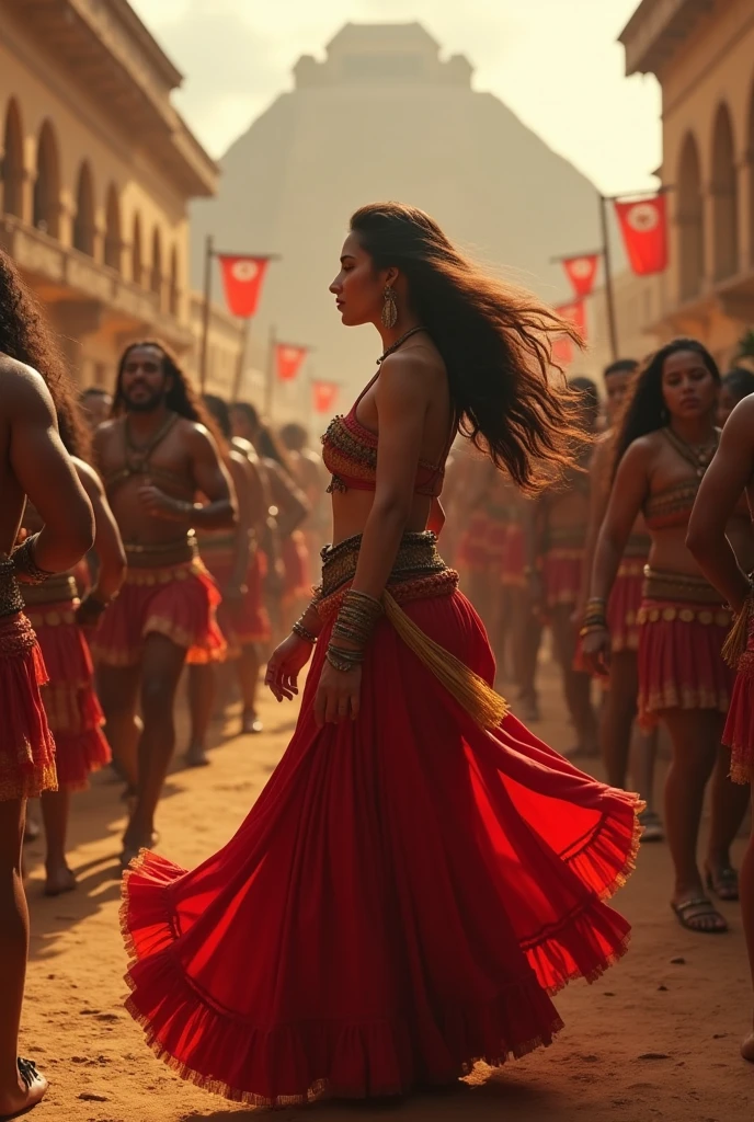 realistic cinematography of beautiful Mexican woman, at a party in Tenochtitlán, Dancing with warriors among the people of ancient Tenochtitlan, 