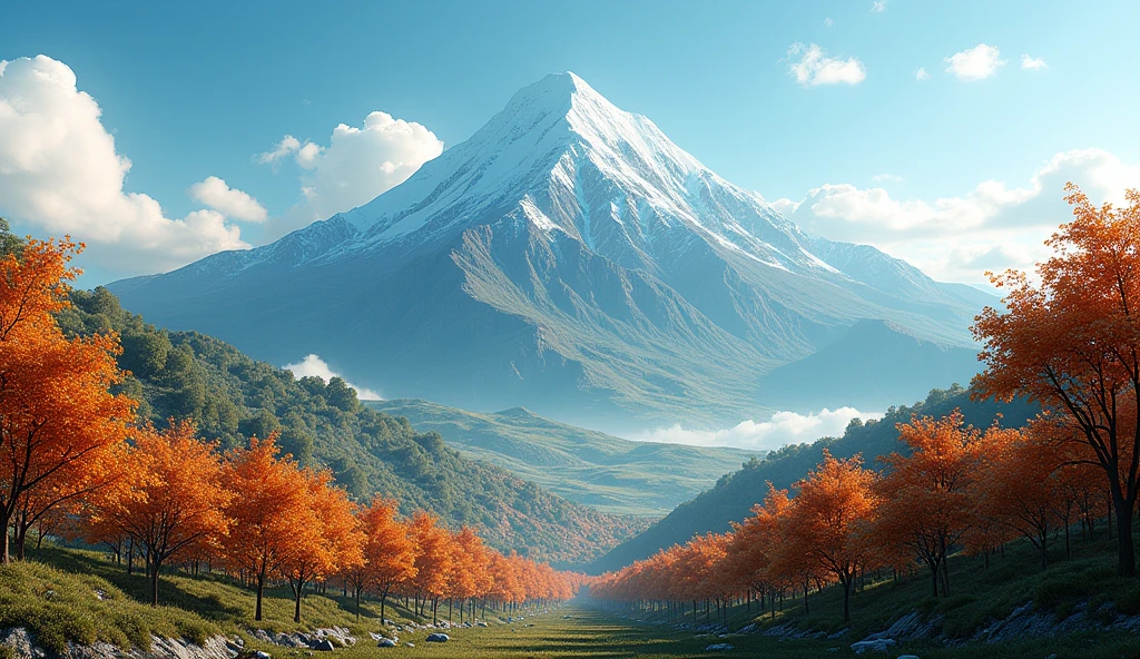 Front view,There is a mountain with many persimmon trees growing on it.(best quality,4K,8k,High level,masterpiece:1.2),Ultra Detailed,(lifelike,Photo real,Photo real:1.37)