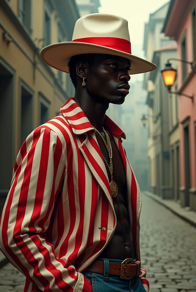 Zé pilintra from bohemia, Tall man, blackw, in a white hat with a red stripe, red striped blouse rogue outfit