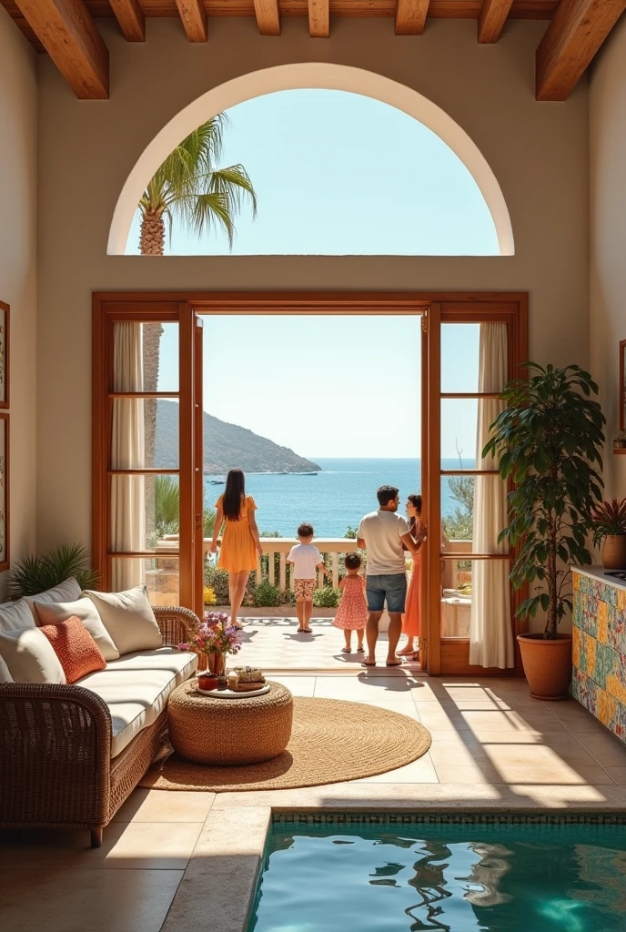 "Spaces finished in Mediterranean style: A bright living room with wicker furniture, a terrace with a sea view, and a kitchen with colorful tiles. People enjoying: a family on the terrace, a couple in the living room, and friends in the kitchen. Text on screen: &#39;Your personal oasis&#39;".
}
