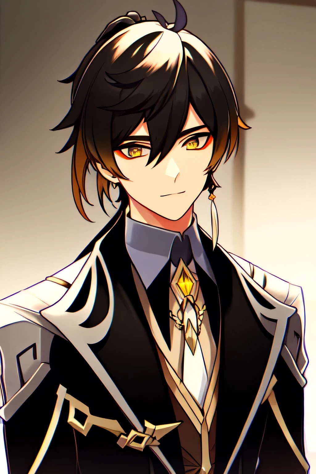 a detailed portrait of a young man with long, gradient-colored hair and bangs, looking directly at the viewer. he is wearing a collared shirt, jacket, and black gloves, and has earrings, including a single tassel earring. his hair is styled in a ponytail, and his eyes have yellow irises. the image has an air of formality and refinement, with a high level of detail and realism.