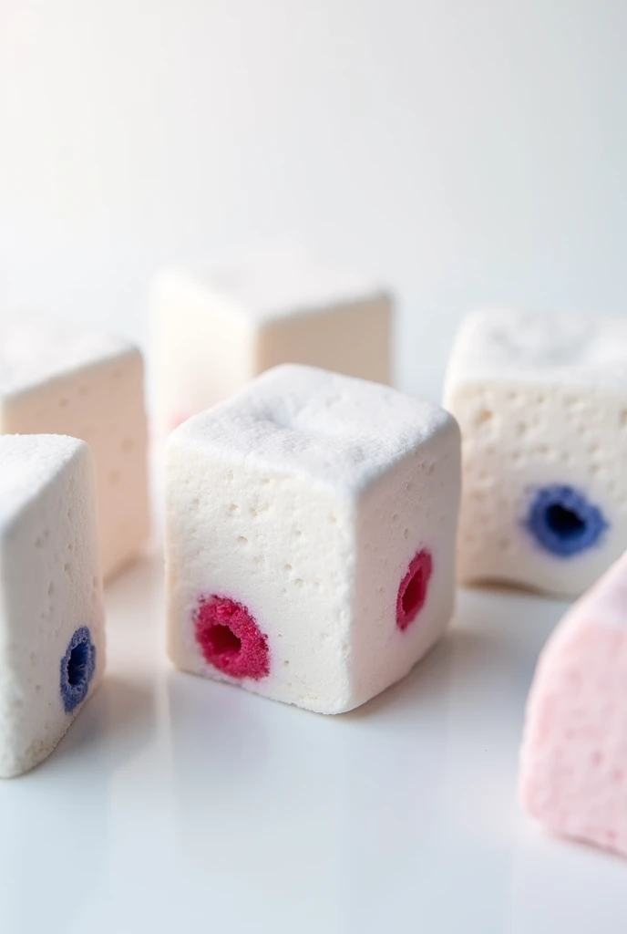 Cube shaped white mixed berry  marshmallows in a white background . With blueberry raspberry and strawberry embedded in it