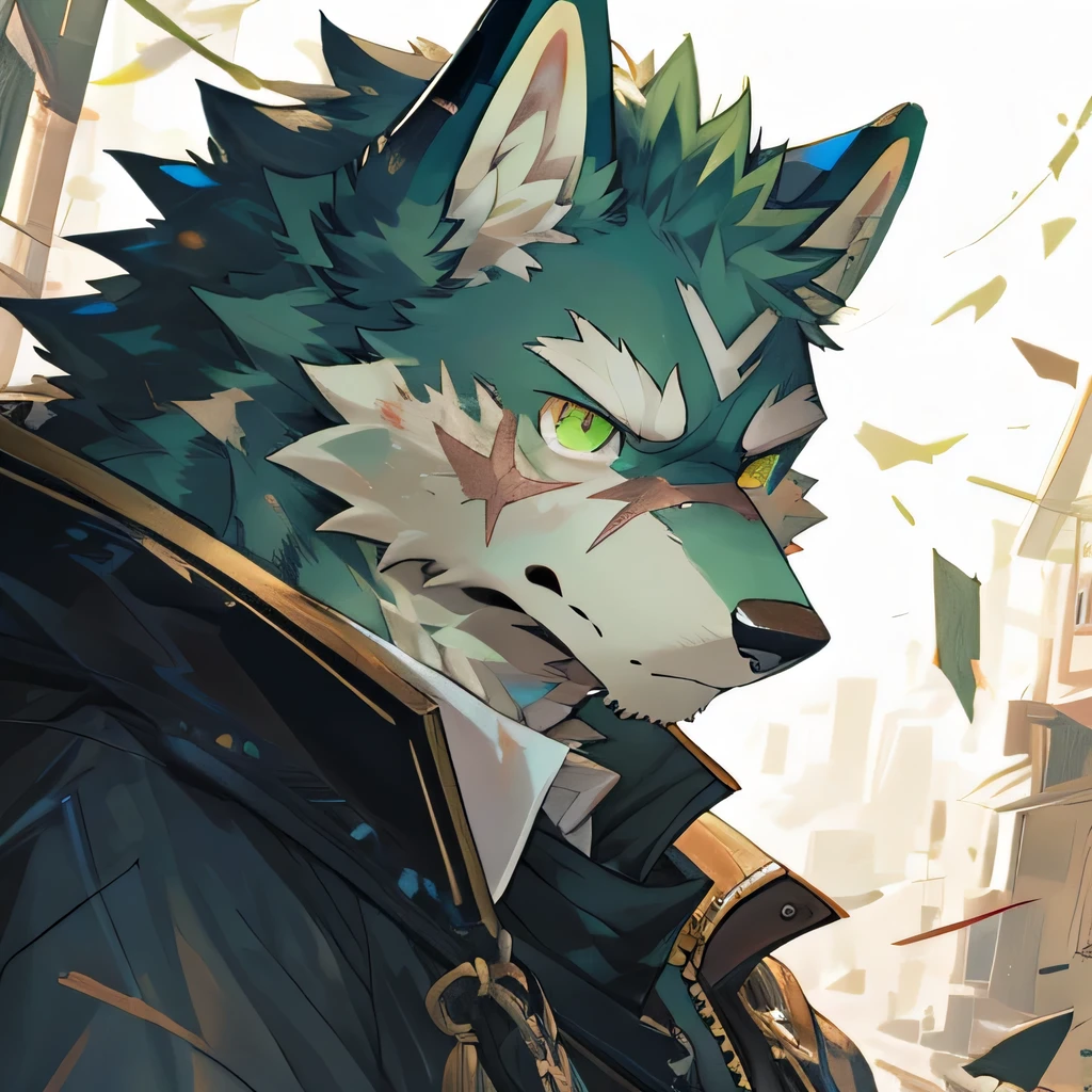 masterpiece,high quality,perfect anatomy,furry,anthro wolf,white and green fur,male, niji5,green pupils,bright eyes,scar on face,sky is broken,detailed face,by kiyosan,close up face