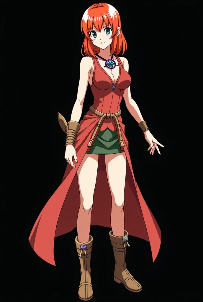 A full body image of an 1 girl named Hana Watanabe, personagem do anime "dragonball z", she is very beautiful, with medium length straight fire-colored hair with two white highlights in the front, framing your face. She has blue-green eyes and pale skin.. she is a Wiccan, she is in fighting pose. she wears a pentagram necklace, overskirt, ¾ socks women&#39;s high boots. It is drawn with Akira Toryama&#39;s animation. black backdrop.