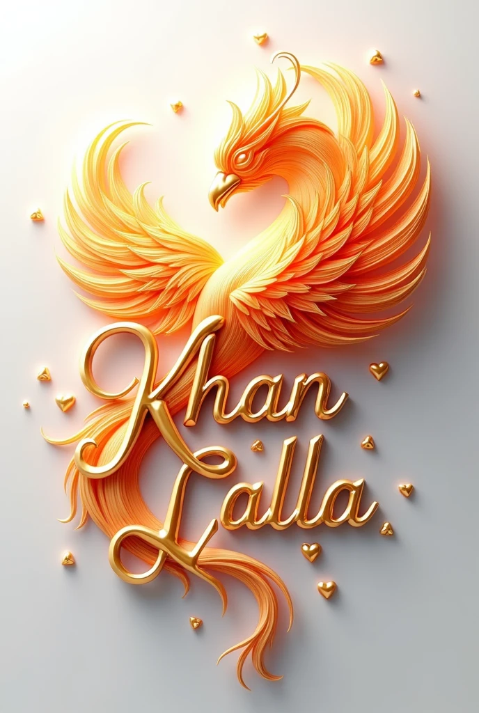 A mesmerizing 3D illustration featuring the "KHAN LALA" logo, created by a talented artist. The logo is written in an elegant, flowing font, with a charming heart nestled within its curves. A stunning, iridescent fire phoenix adorns the design, displaying vibrant, metallic shades of gold. The contrasting colors and intricate elements stand out against a pristine white background. This versatile illustration is perfect for various applications such as cinematic posters, architectural renderings, and more. The artist showcases their exceptional skills in illustration, fashion, cinematic design, vibrant colors, photography, architecture, and 3D rendering in this awe-inspiring piece., architecture, poster, product, illustration, typography, photo, cinematic, vibrant, painting, 3d render, fashion