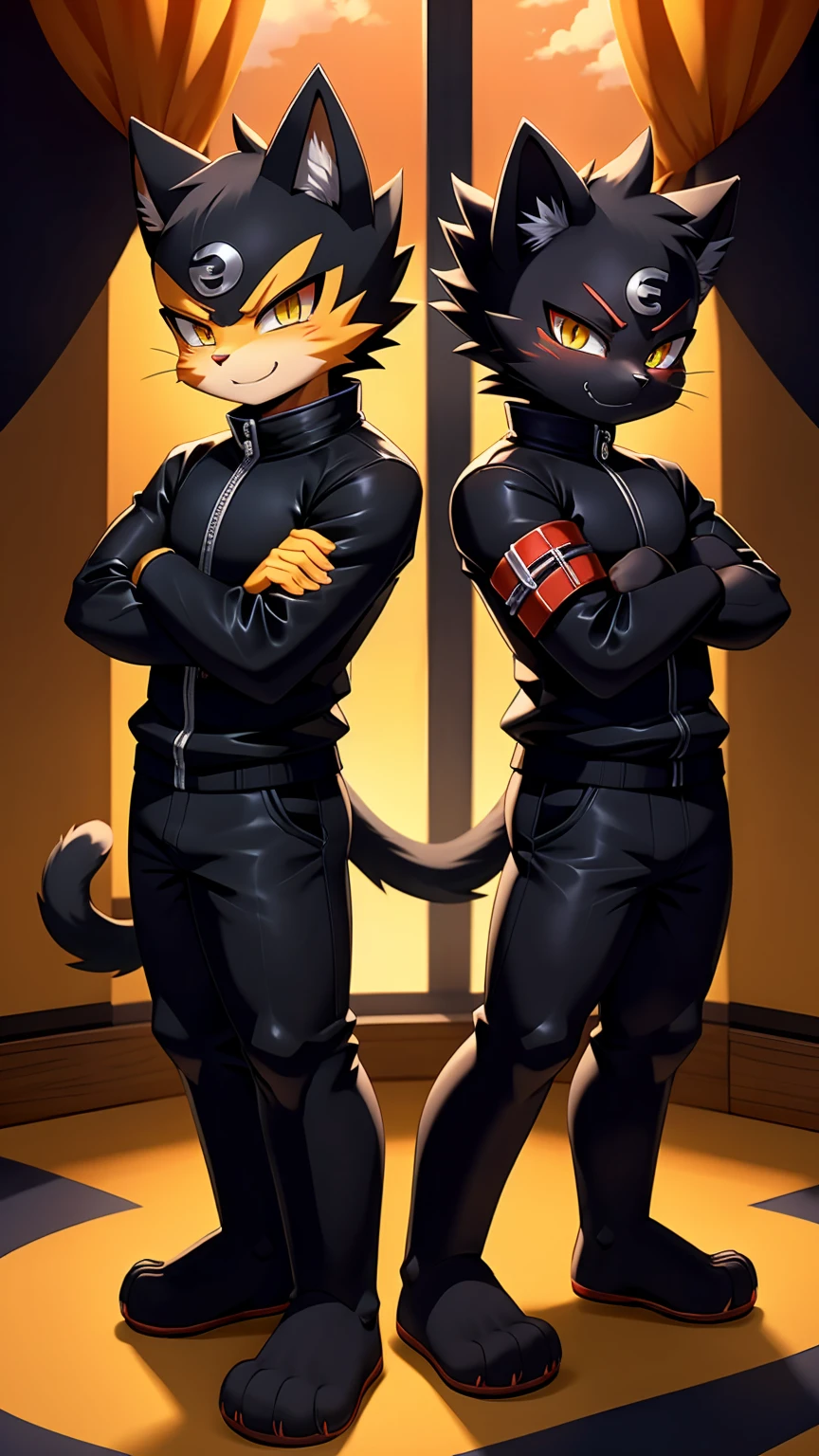 Highest quality,Full body image,2boys,Super Saiyan Cat Noir and Cat Noir in Naruto clothes