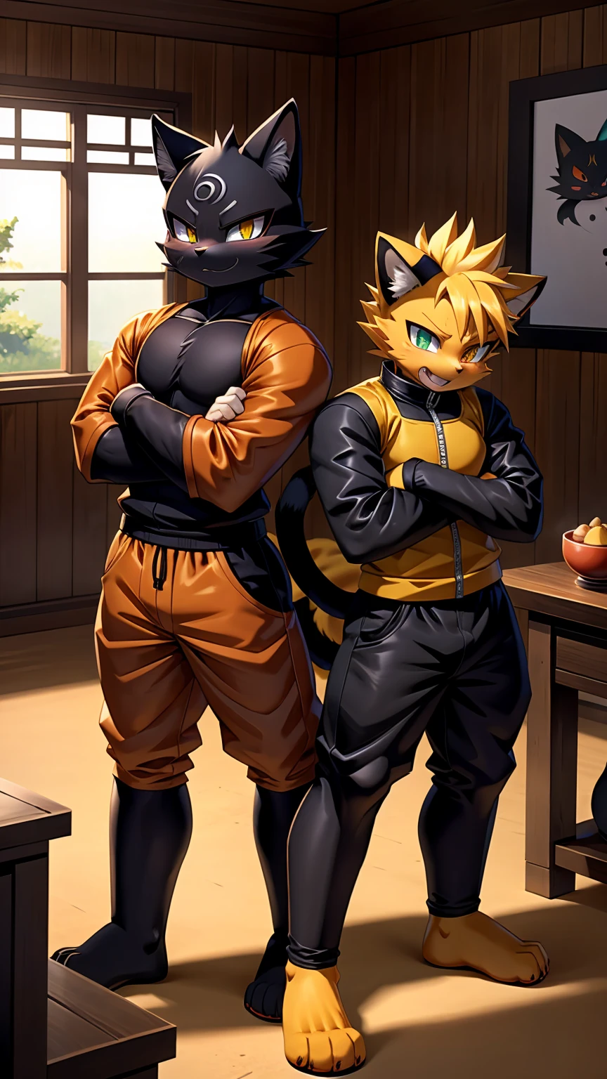 Highest quality,Full body image,2boys,Super Saiyan Cat Noir and Cat Noir in Naruto clothes