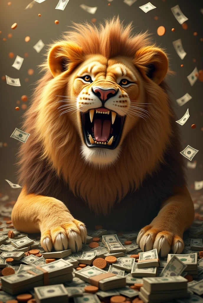 Lion in money happy and counting money and rolling in money and raining money