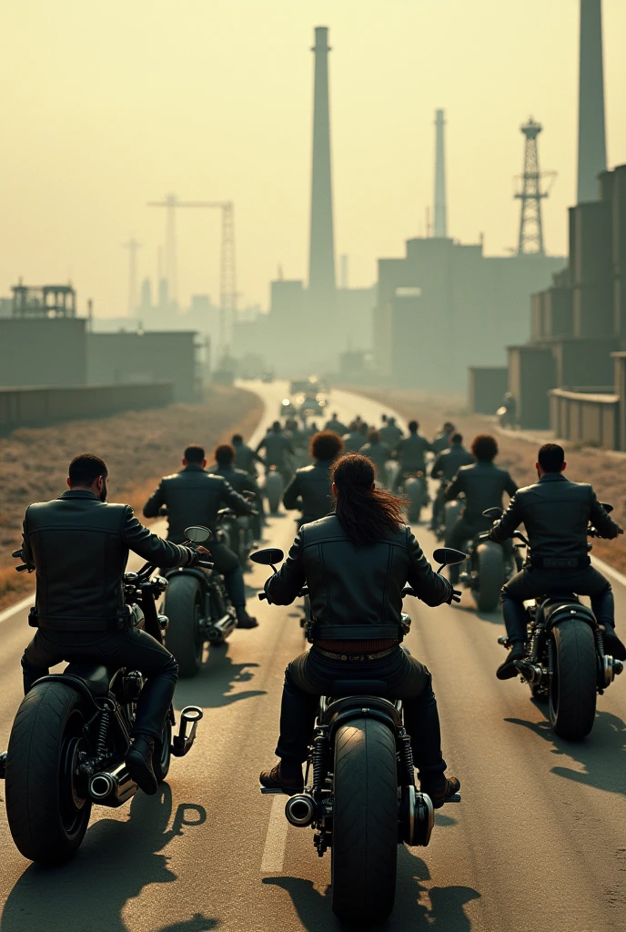 Dozens of motorcycle gangsters ride their motorbikes with their backs to the camera.  