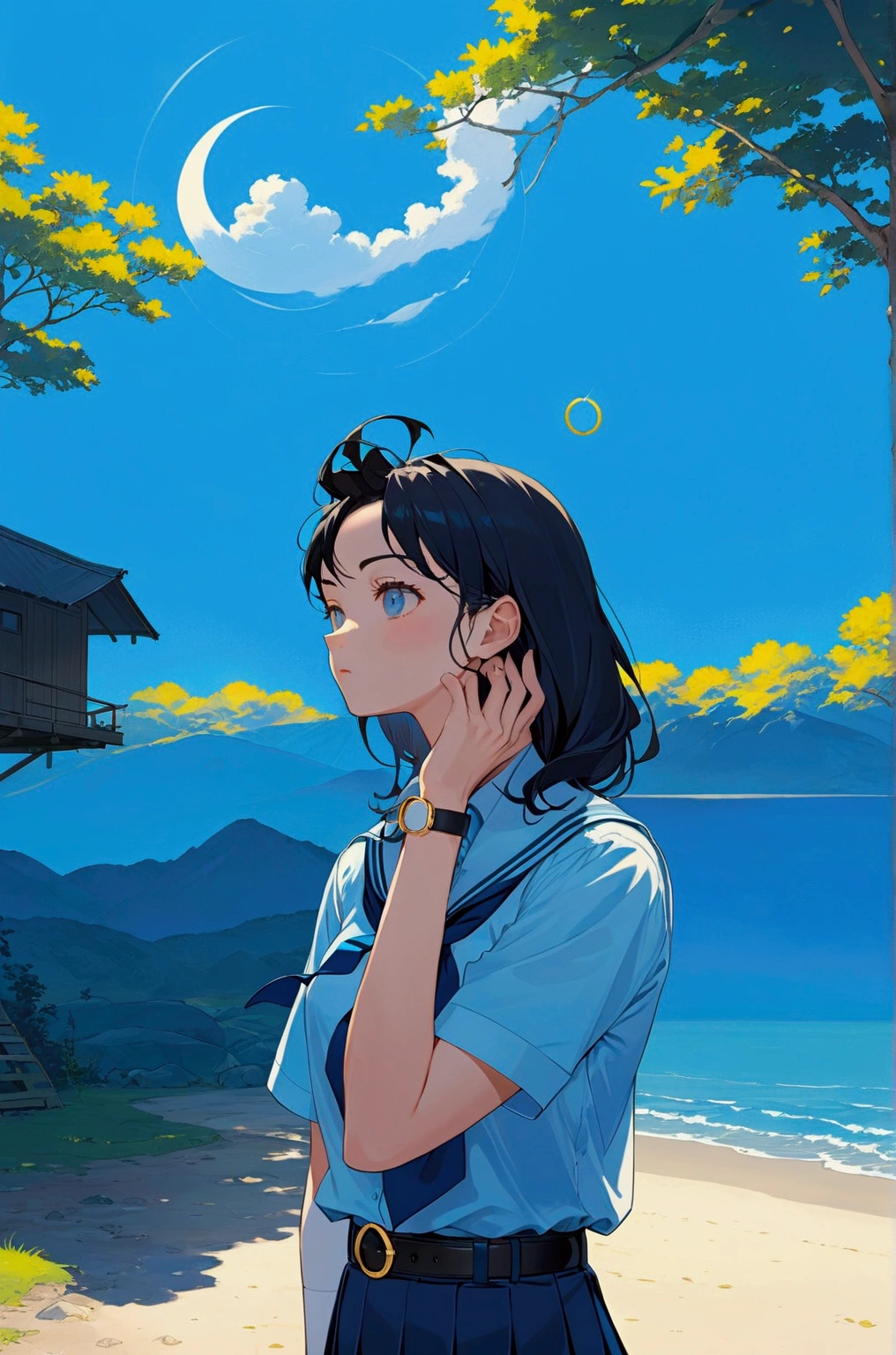 realistic anime illustration of pretty young long hair girl is standing at camp site, she has black hair (+forehead), wearing pastel azure-blue short sleeves collared shirt, navy-blue neckerchief, navy-blue pleated pencil long skirt, black belt with gold circle buckle, white socks and black mary-jane shoes, (1girl, solo,full body), (masterpiece, best quality, japanese anime style), BREAK, (pastel azure-blue short sleeves collared shirt, navy-blue neckerchief, navy-blue pleated pencil long skirt, black belt with gold circle buckle, white socks and black mary-jane shoes)