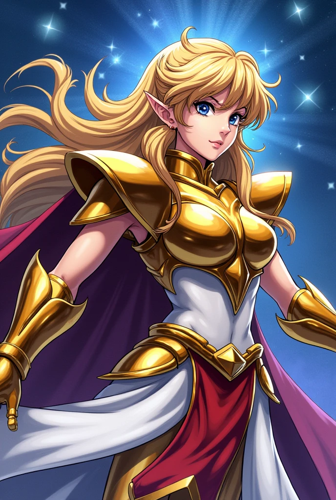 Une illustration incroyablement détaillée d'une femme chevalier de l'anime Saint Seiya portant son armure jumelle dorée, position de combat, Explosion galactique, tout , incredible details, ombres parfaites, dynamic background, style de dessin hyper réaliste.