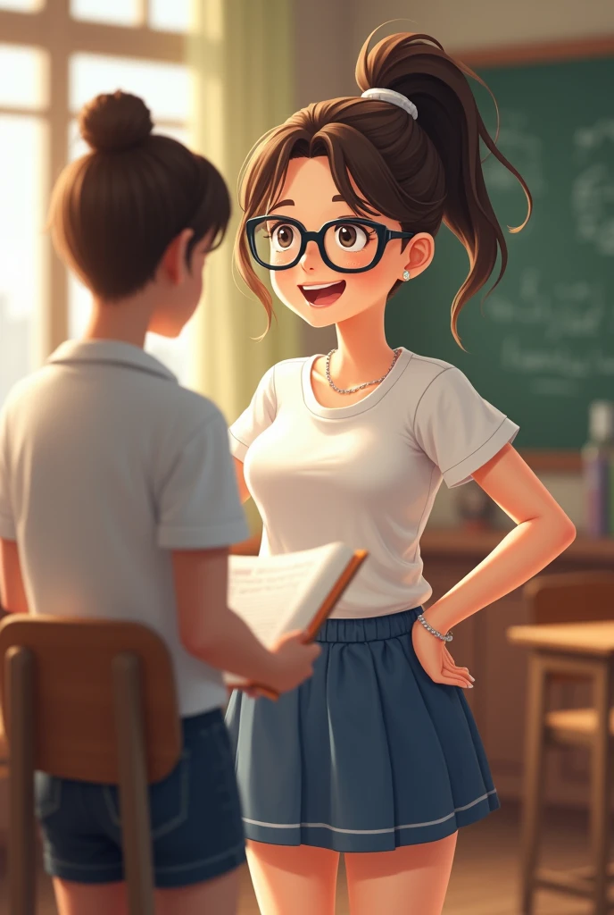A town young big girl with specs and tied hair in a ponytail wearing white tshirt and blue mini skirt. Her teacher was impressed by her