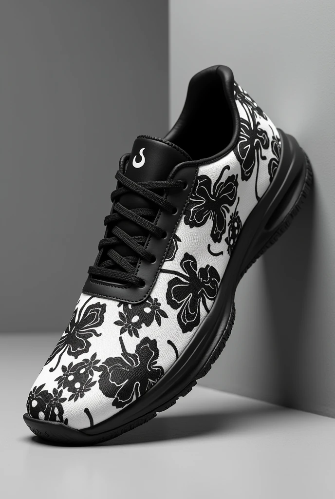 a casual MEN&#39;S tennis shoe WITH ANGOLA CHICKEN PRINT in black and white