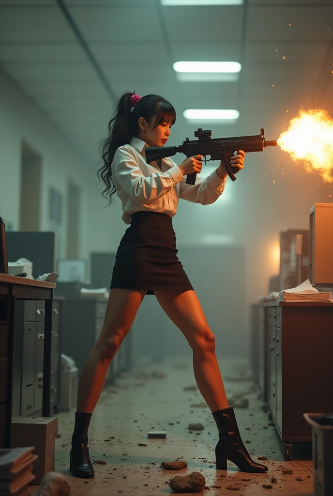 beautiful chinese office lady white shirt tight mini skirt realistic machine gun toting toting hip firing real person legs apart standing rampage shooting side target facing