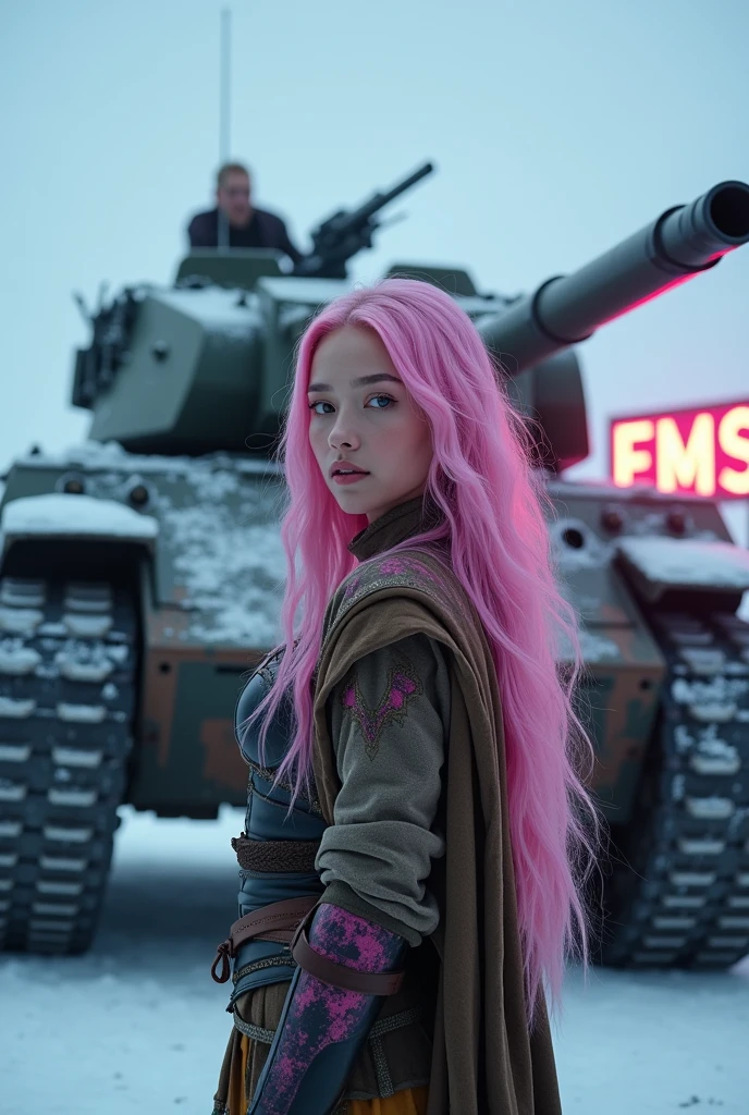 1 very attractive girl with long wavy bright pink hair, photo taken on Nikon D850, 16K, work of art, detailded, Breathtaking, atmospheric perspective, diffusion, natural skin texture, dslr, Lente 80mm Sigma f2, Depth of field, film grain, complex natural lighting, full body shot with icy blue and white lighting standing in an icy field, light gray and pink, in warrior clothes , energy-filled illustrations, extremely sexy, rosto e olhos detaildeds, focus on the tank and the girl, she is holding a rifle and is facing the viewer, no-makeup, smiling, Altamente detailded, dark fantasy aura, faded colors. standing in front of a huge battle tank with tracked wheels and pink details. with a large illuminated sign saying "FMS"