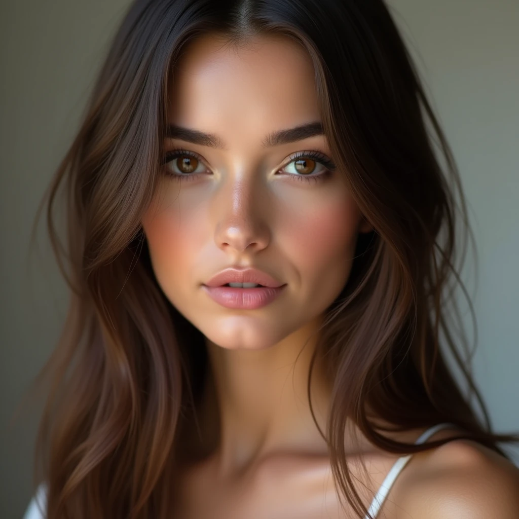 4k image, realistic, beautiful young woman 2, straight brown hair, brown eyes, delicate face, influencer
