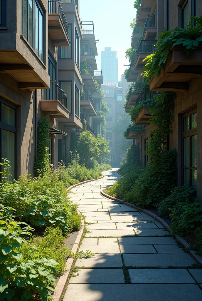 An urban landscape with a winding, narrow concrete street that opens onto a square with vegetation and natural lighting, adapting shadow points to create a striking visual contrast., streets should be lined with buildings of varying heights with architectural elements, the horizon must be undefined
