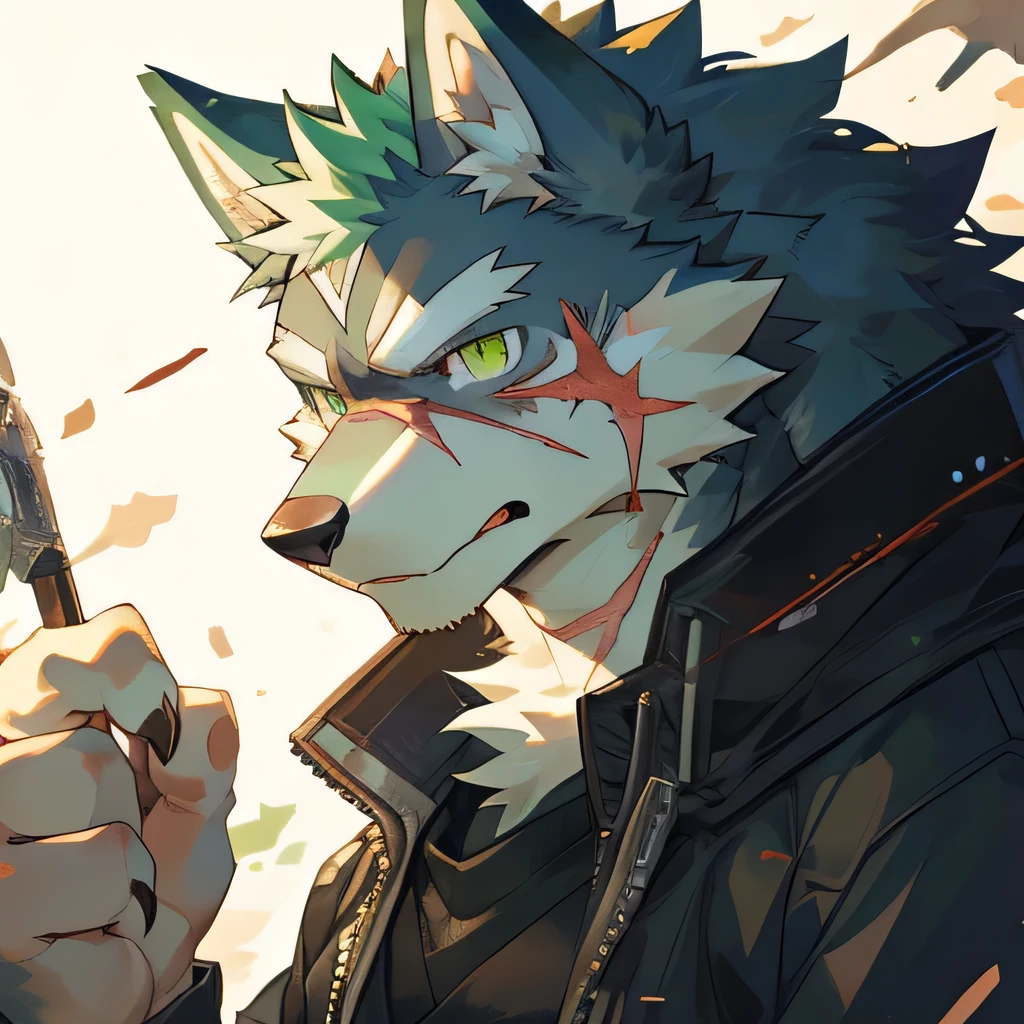 masterpiece,high quality,perfect anatomy,furry,anthro wolf,white and green fur,male, niji5,green pupils,bright eyes,scar on face,sky is broken,detailed face,by kiyosan,close up face