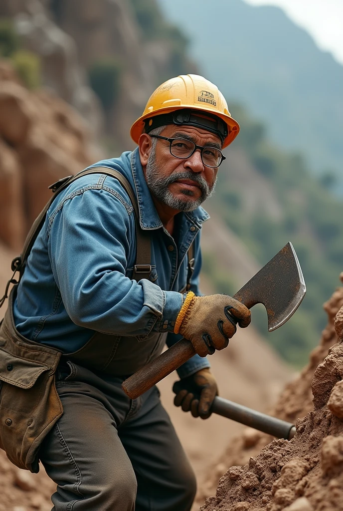 I NEED TO RECREATE AN IMAGE OF A SHORT WORKER WITH SAFETY GLASSES,with helmet,gloves. THAT HAS A BLUE JEANS SHIRT THAT IS RUBBING A MOUNTAIN WITH A MACHETE