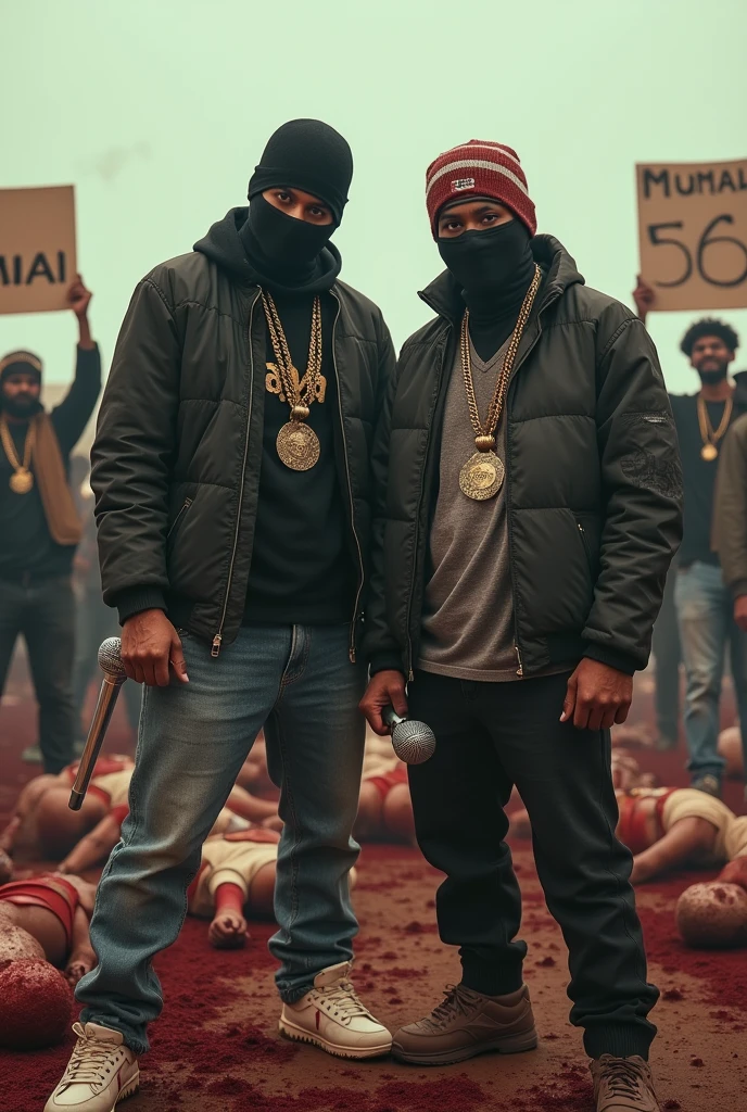 Two rapper standing with ski mask and bandana covering their face standing in the middle of a war field. Holding microphones in their hand like a knife. Dangerous look in their eyes. 10 to 12 people in background smoking, throwing champagne and everyone happy and partying. People holding cardboard saying Mumbai and 56. Both two 2 boys Standing still beneath them there are many dead bodies laying down dressed in hip hop clothing and complete blood bath on the ground. 1:1