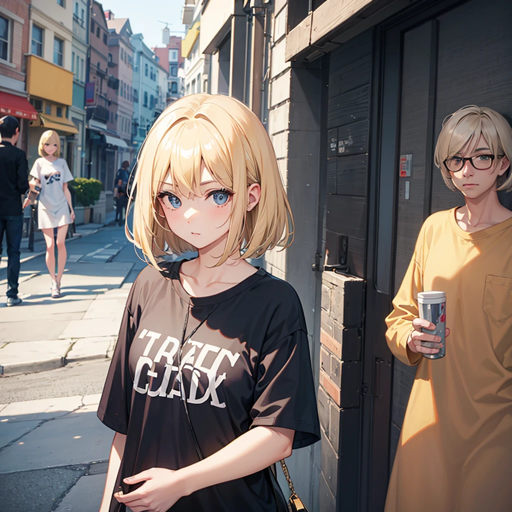 Blonde girl with bob, looks at him with indifference and says something, in a gray T-shirt
