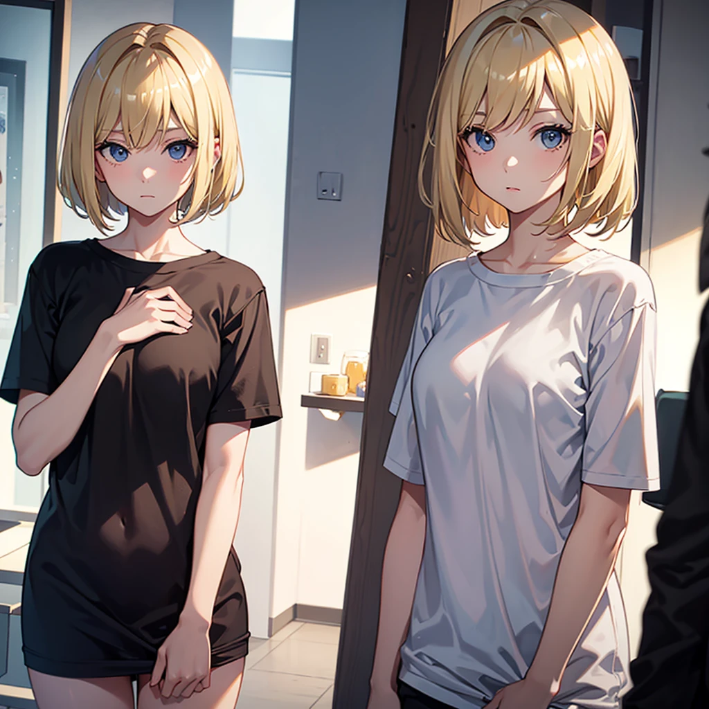 Blonde girl with bob, looks at him with indifference and says something, in a gray T-shirt