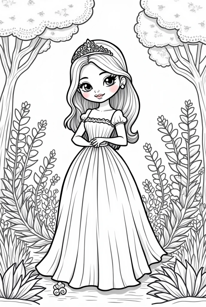 Stress-free coloring, page with image of princess with garden setting, style cartoon, linhas grossas, uncolored, totally white background, only lines. Beautiful appearance