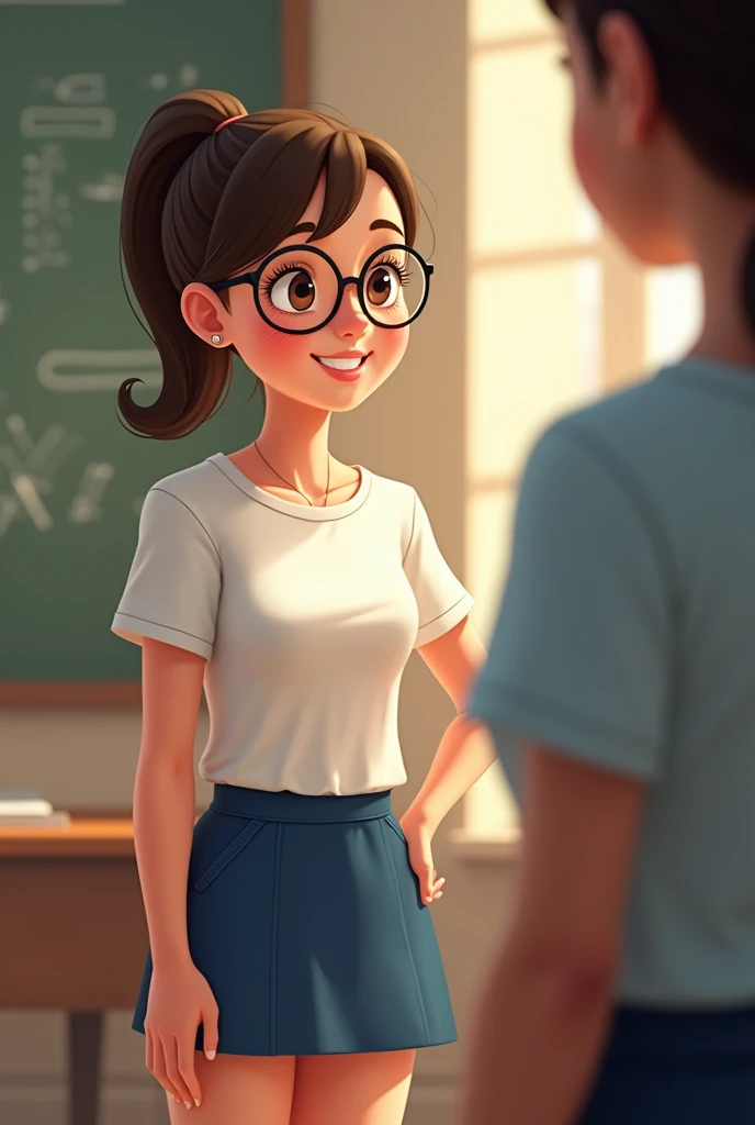 A town young big girl with specs and tied hair in a ponytail wearing white tshirt and blue mini skirt. Her teacher was impressed by her