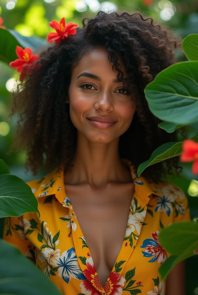 A Brazilian woman in a lush tropical garden, wearing an open shirt with a floral print, with a close-up capturing the harmonious beauty between her breasts and the natural flowers, showing off your natural charm and outgoing personality.